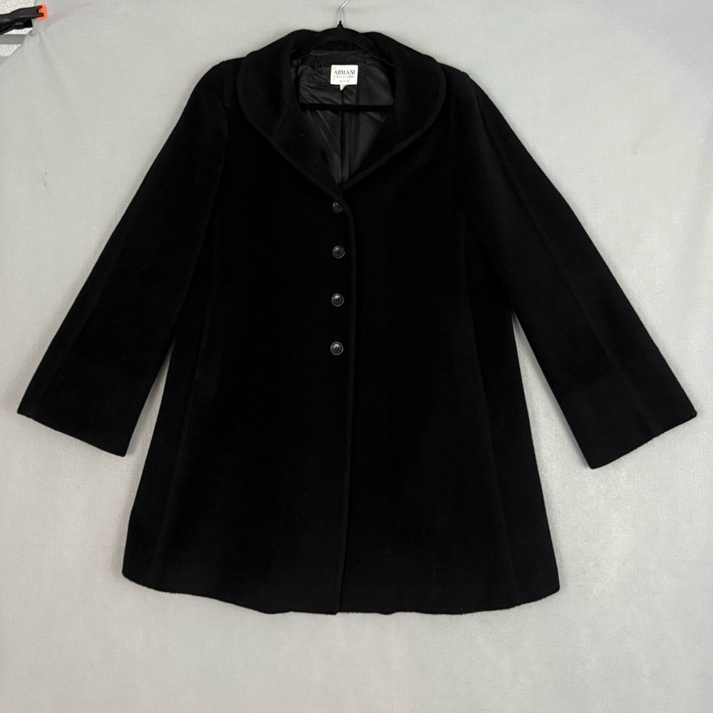 Armani Collezioni Classic Black Pea Coat‎ Women's Size 4 Wool Faux Fur Collar